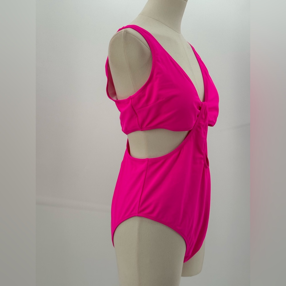 Live Life On The Beach Hot Pink Cut-Out One Piece Plunge Knot Front Swimwear - Picture 6 of 11